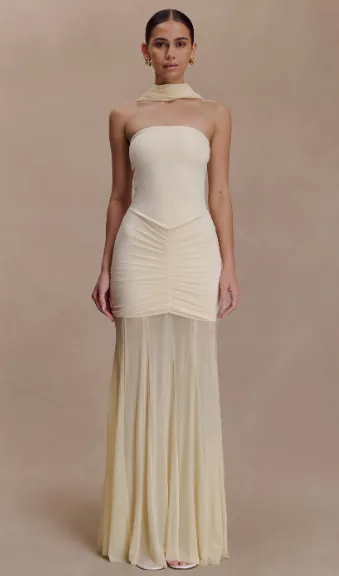 Caspian Slinky and Mesh Off Shoulder Maxi Dress